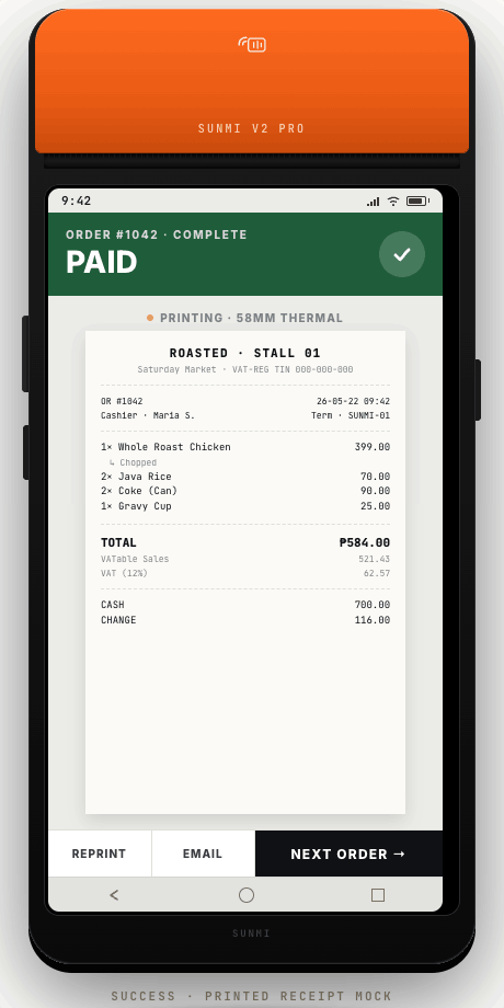 Sunmi V2 Pro handheld printing a customer receipt